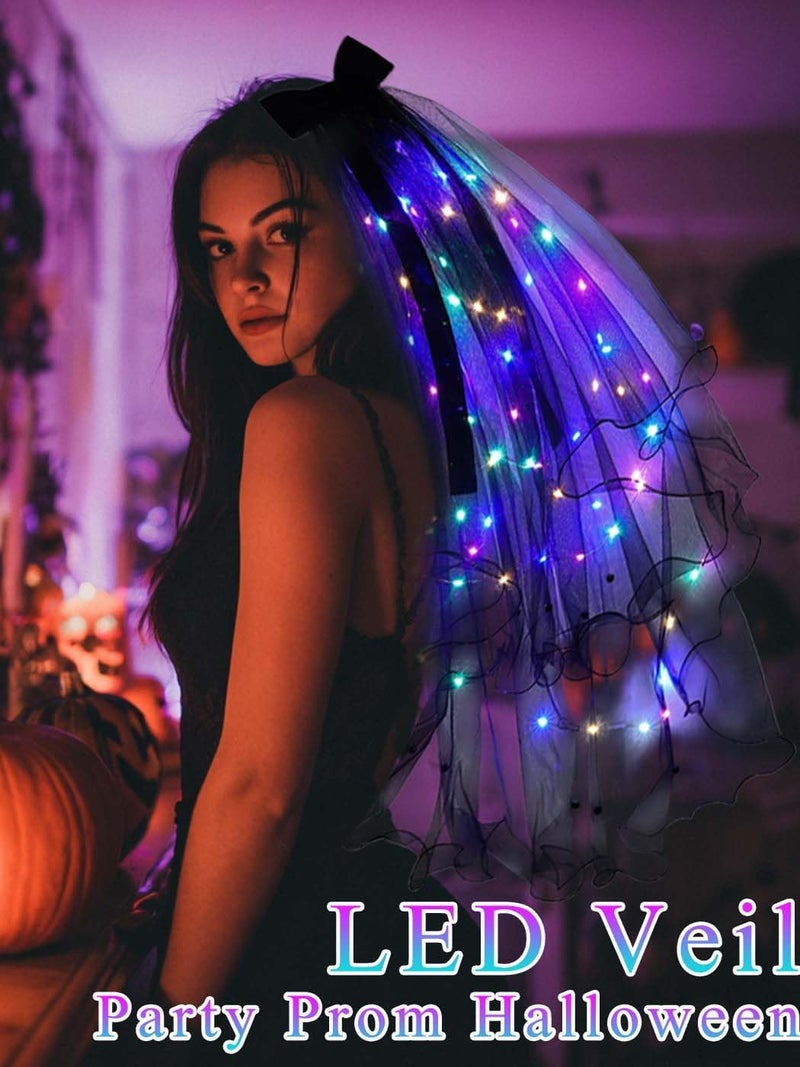 Foyte Light Up Wedding Bridal Veil 2 Tiers Bride Pearl Veils LED Bachelorette Bridal Hair Bow Short Tulle Hair Accessories - Image 4